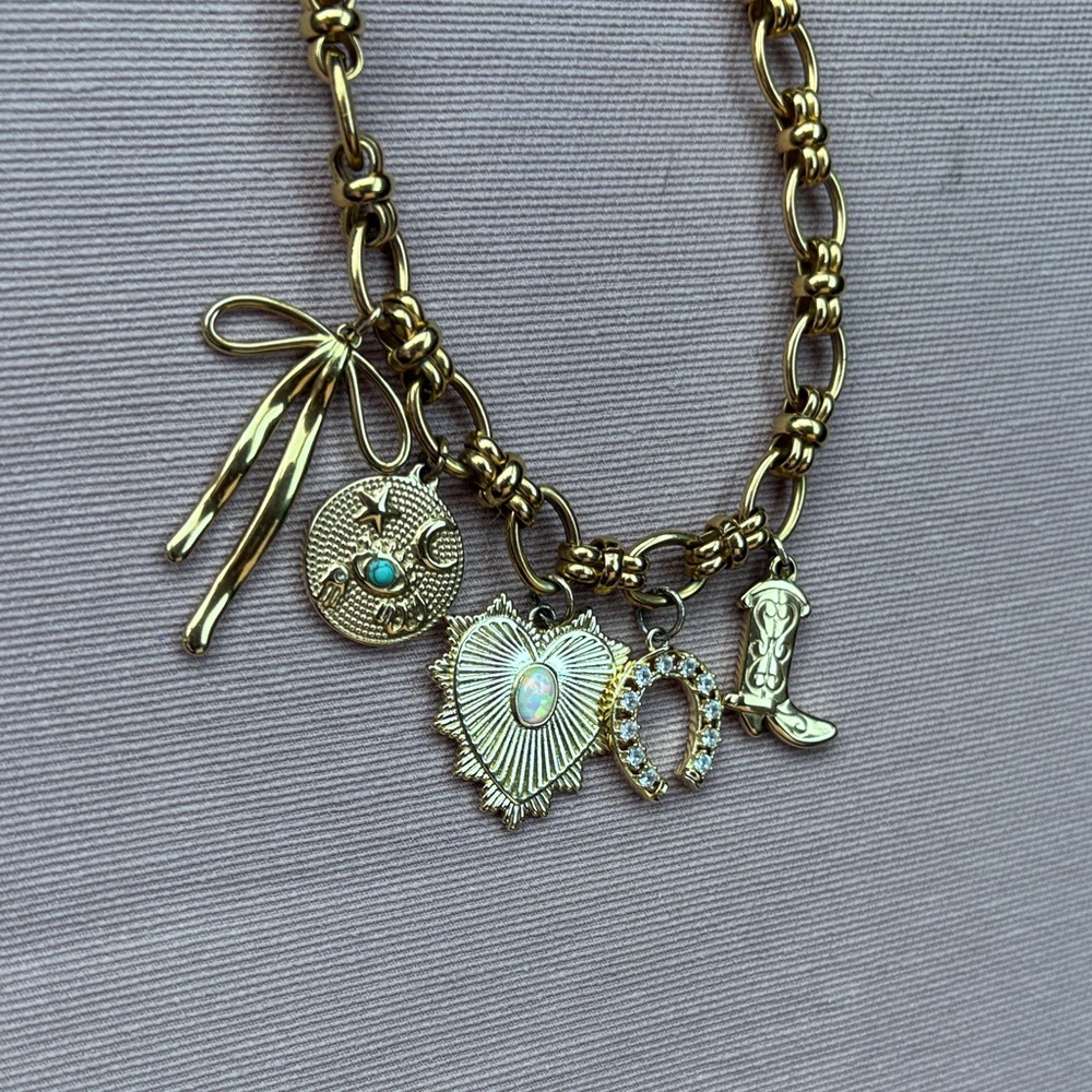 Gold Charm Necklace with Heart and Boot Pendants